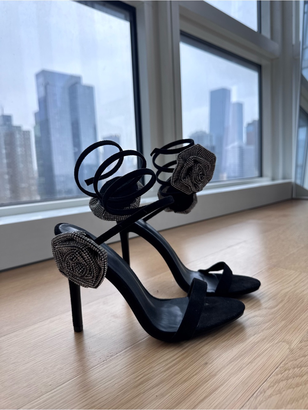 PrettyLittleThing Black Beaded Rose Ankle-Tie Stilettos